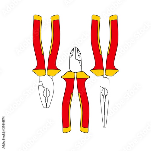 A set of hand tools. Pliers, pliers, and a side cutter. Flat line style design. An illustration isolated on a white background. Tools - pliers, pliers, side cutters.