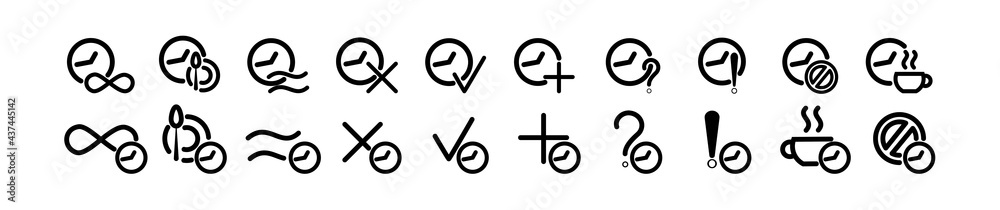 Different icons on the clock, check mark, cross, question and exclamation marks. Vector illustration showing the time with different symbols and signs. Different icons on the clock, check mark, cross, question and exclamation marks. Vector illustration showing the time with different symbols and signs.