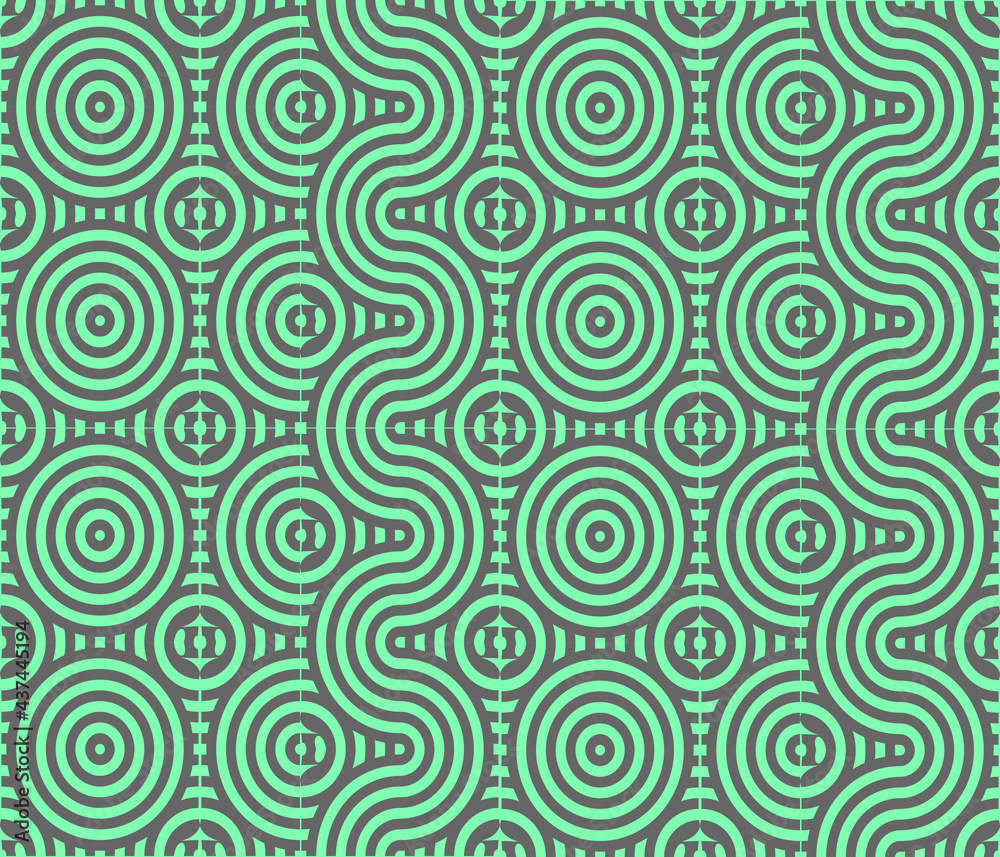 abstract geometric seamless pattern, round and wavy objects Chornogo color on a green background. 