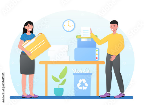 Young male and female businesspeople in office putting secret document to shredde