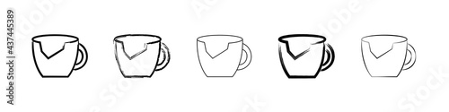 Broken cups icons set. Vector illustration of a knocked over mug. Collection of cups on a white background with black lines.