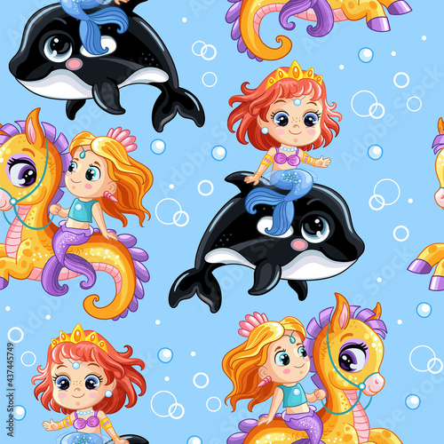 Seamless vector pattern cute mermaids riding on an orca and seahorse