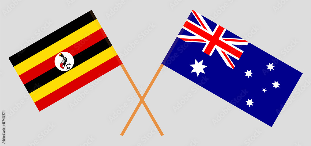 Crossed flags of Uganda and Australia. Official colors. Correct proportion