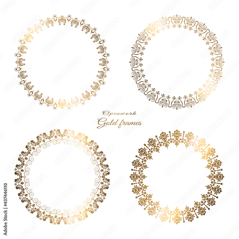 Gold round frame. Filigree vector frame in oriental style. Place for your text. Vector illustration. Ornamental lace pattern for wedding invitations and greeting cards. Gold round frame. Filigree vector frame in oriental style. Place for your text. Vector illustration. Ornamental lace pattern for wedding invitations and greeting cards.