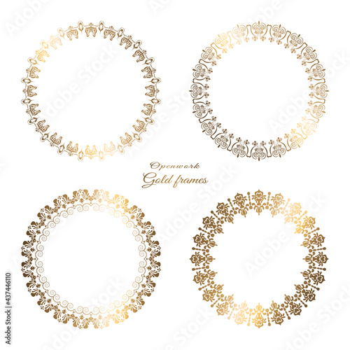 Gold round frame. Filigree vector frame in oriental style. Place for your text. Vector illustration. Ornamental lace pattern for wedding invitations and greeting cards.