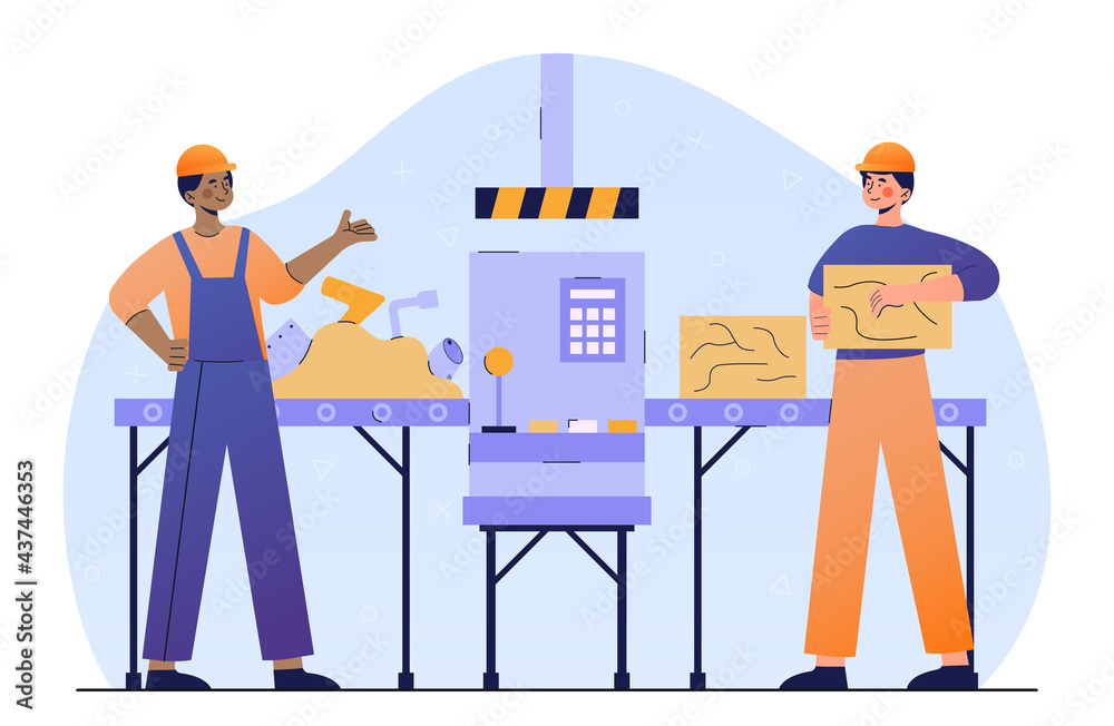Two male characters in workwear are recycling iron together Two male characters in workwear are recycling iron together