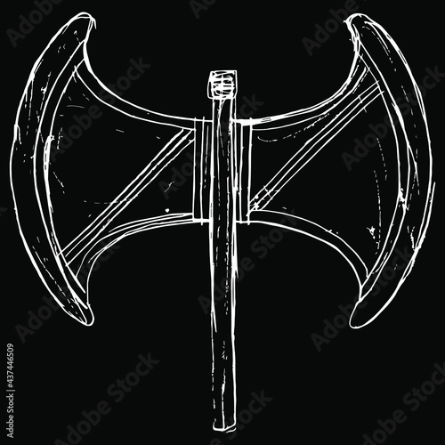Minoan double axe labrys. Ancient Cretan sacred symbol of goddess. Hand drawn linear doodle rough sketch. White silhouette on black background. photo