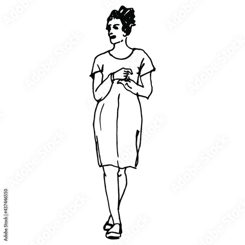 Standing young woman in short summer dress. Hand drawn linear doodle rough sketch. Black silhouette on white background.