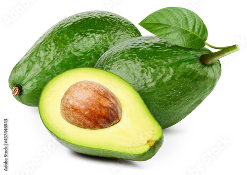 Fresh organic avocado with leaves isolated clipping path