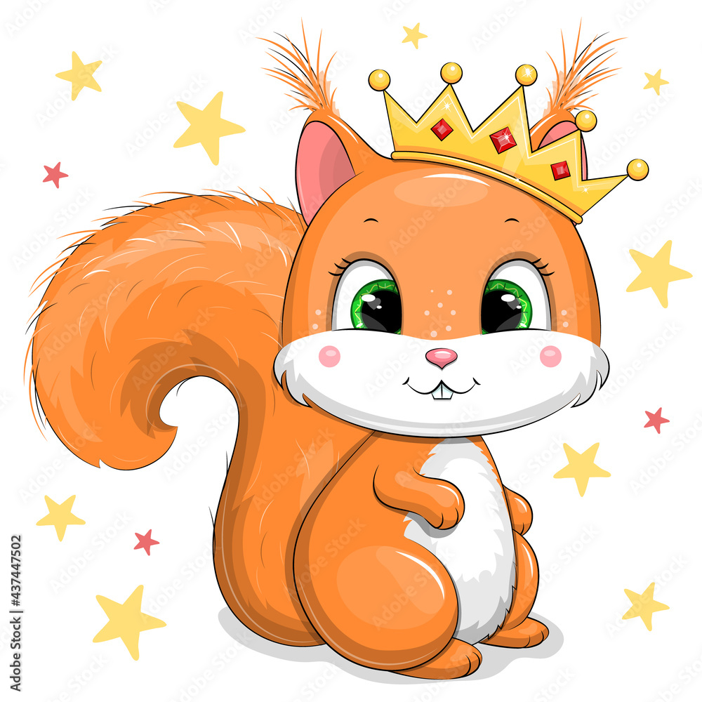Cute cartoon squirrel queen with a gold crown. Vector illustration of