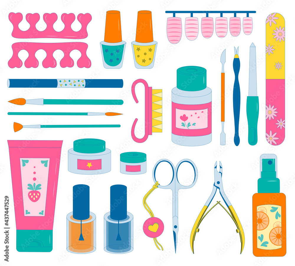 Vector manicure tools set isolated on white background. Nail and hand care tools.