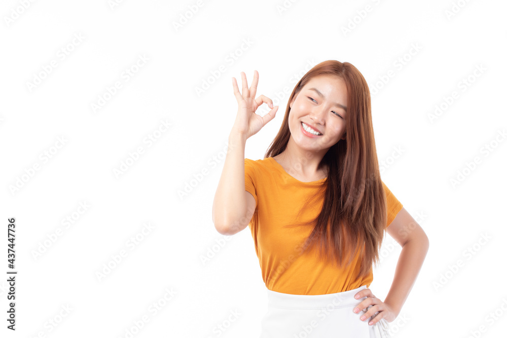 Portrait of beautiful young Asian girl model long hair in casual summer clothes smile, happy and enjoying in studio isolated on white background. Portrait of beautiful young Asian girl model long hair in casual summer clothes smile, happy and enjoying in studio isolated on white background.