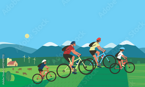 Family summer outdoors active lifestyle vector. Happy family on bikes cycling cartoon illustration. Active parents and kids on bicycles. Sport and fun together in countryside vacation background