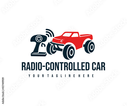 Radio controlled car with control joystick, the toy car with a remote control, logo design. Electric buggy, toy, auto radio control, vector design and illustration