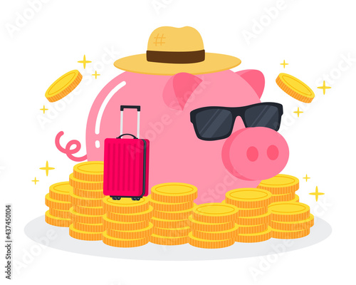 Pink piggy bank wears sunglasses and hat with travel bag and piles of golden coins or money. The creative concept of savings plan for traveling. Trendy cute cartoon vector flat style illustration.