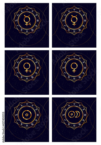 Zodiac signs set. Retrograde mercury, venus, sun and eclipse. Gold drawing on a dark blue background. Square size.