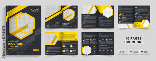 Corporate theme 10 pages business company profile brochure design, Minimal & clean geometric design of 10-page blue color template for brochure,A4 10 page Brochure Template
