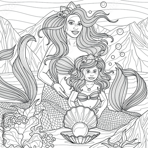 Mermaids mom and daughter underwater.Coloring book antistress for children and adults. Illustration isolated on white background.Zen-tangle style. Hand draw