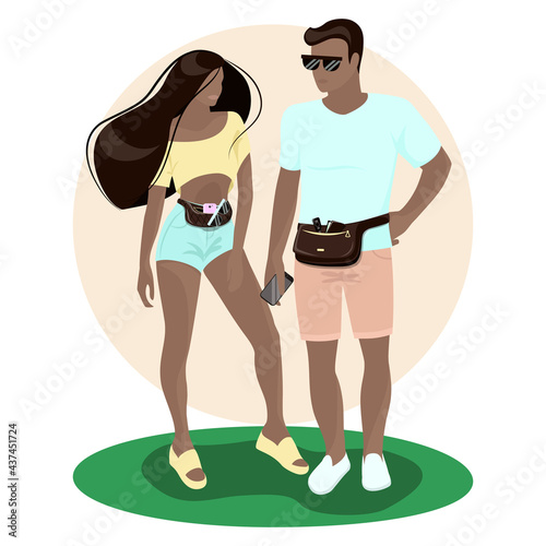 Stylish young couple with belt bags. Fanny pack. Colorful vector illustration in flat style.