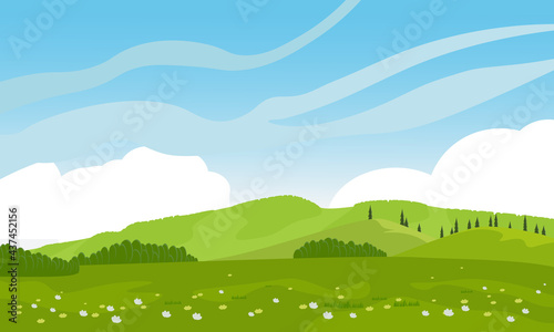 Beautiful rural landscape with field, hills, forest and sky with clouds. Color vector illustration of a flat style for a banner.