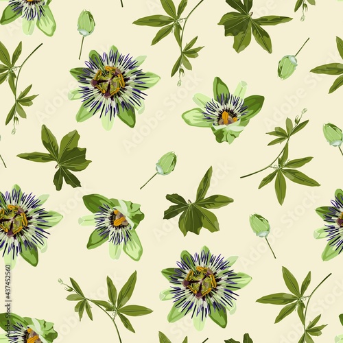 Passionflower passiflora tropical flowers with leaves and buds. Seamless pattern on the vintage yellow backgroung.