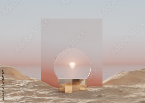 3D background,podium display, ocean, sand beach. Outdoor Pastel circle frame. Cosmetic, beauty product promotion mockup. Natural shadow, step pedestal. Summer Minimal banner 3D render illustration.
