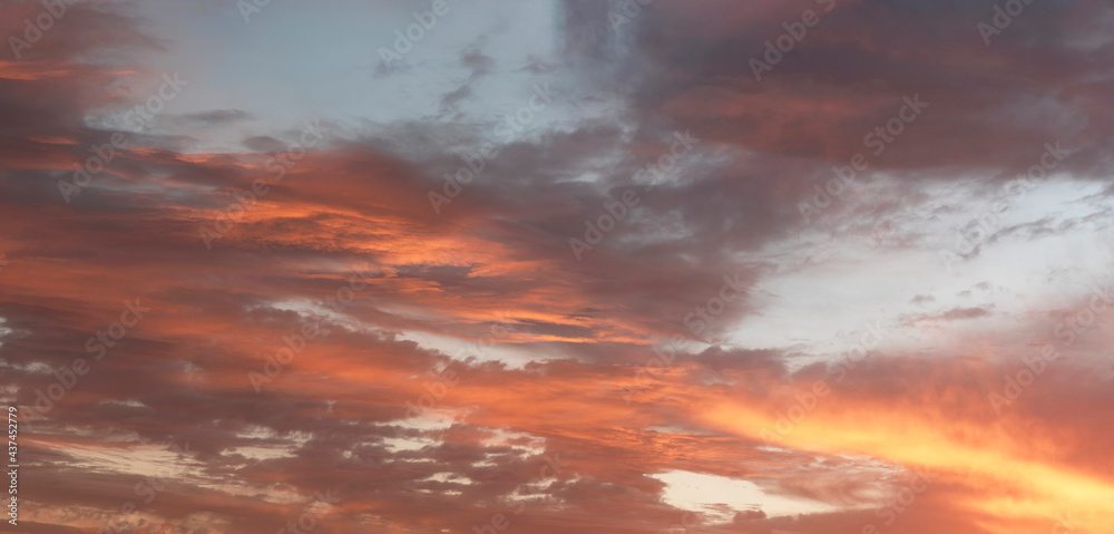 Panoramic view of dramatic red sky during sunset. Sky panorama. High resolution picture.