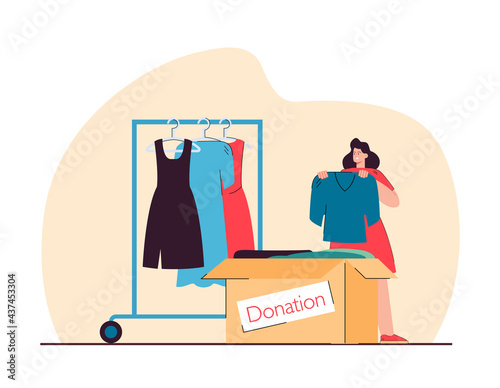 Woman putting clothes in donation box flat vector illustration. Female person putting dress from wardrobe for benefaction. Charity, social care concept for banner, website design or landing web page.