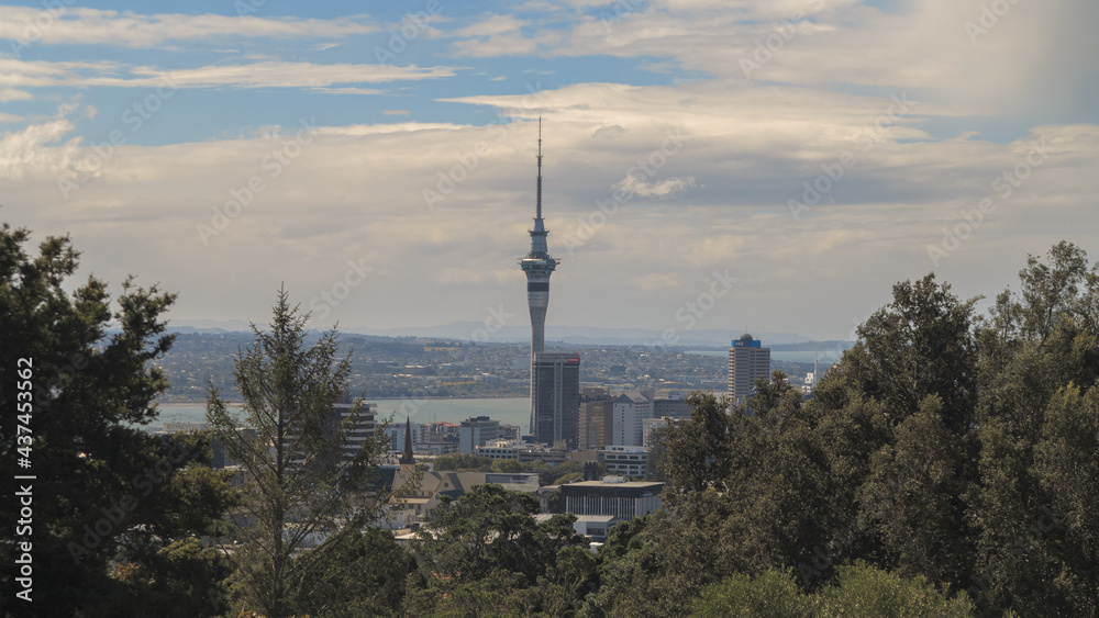 Naklejka premium Auckland Panorama with the Harbour, Stanley Bay and the TV Tower. City Skyline on a Cloudy Sky Background. New Zealand. View from Stanley Point.