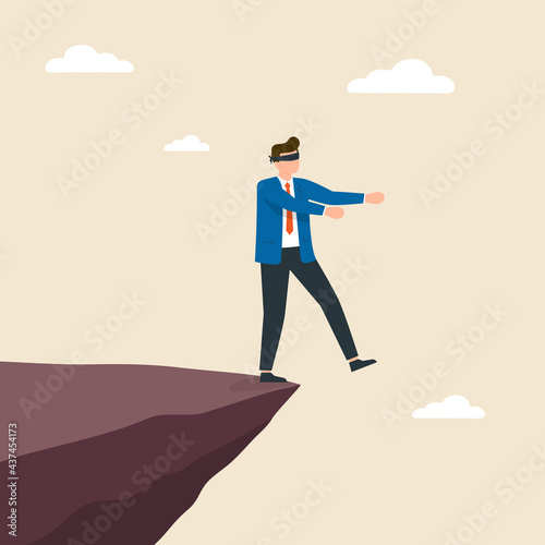 Man steps from the cliff are blindfolded.