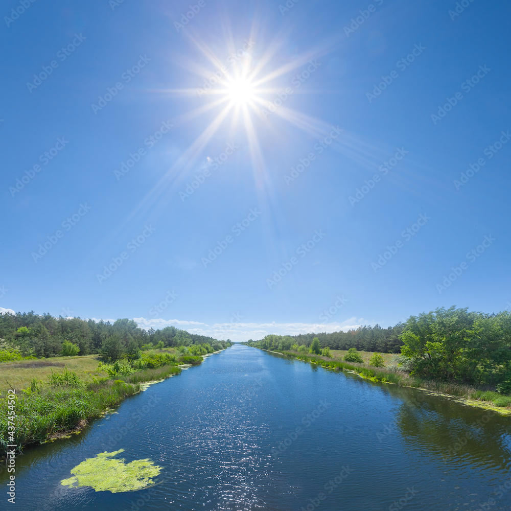 Obraz premium irrigational channel with forest on coast at the summer sunny day, industrial background