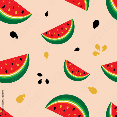 Fototapeta Naklejka Na Ścianę i Meble -  Seamless pattern. Print of watermelon with seeds. Modern abstract design for paper, cover, fabric, interior decor, tablecloths, scrapbooking.