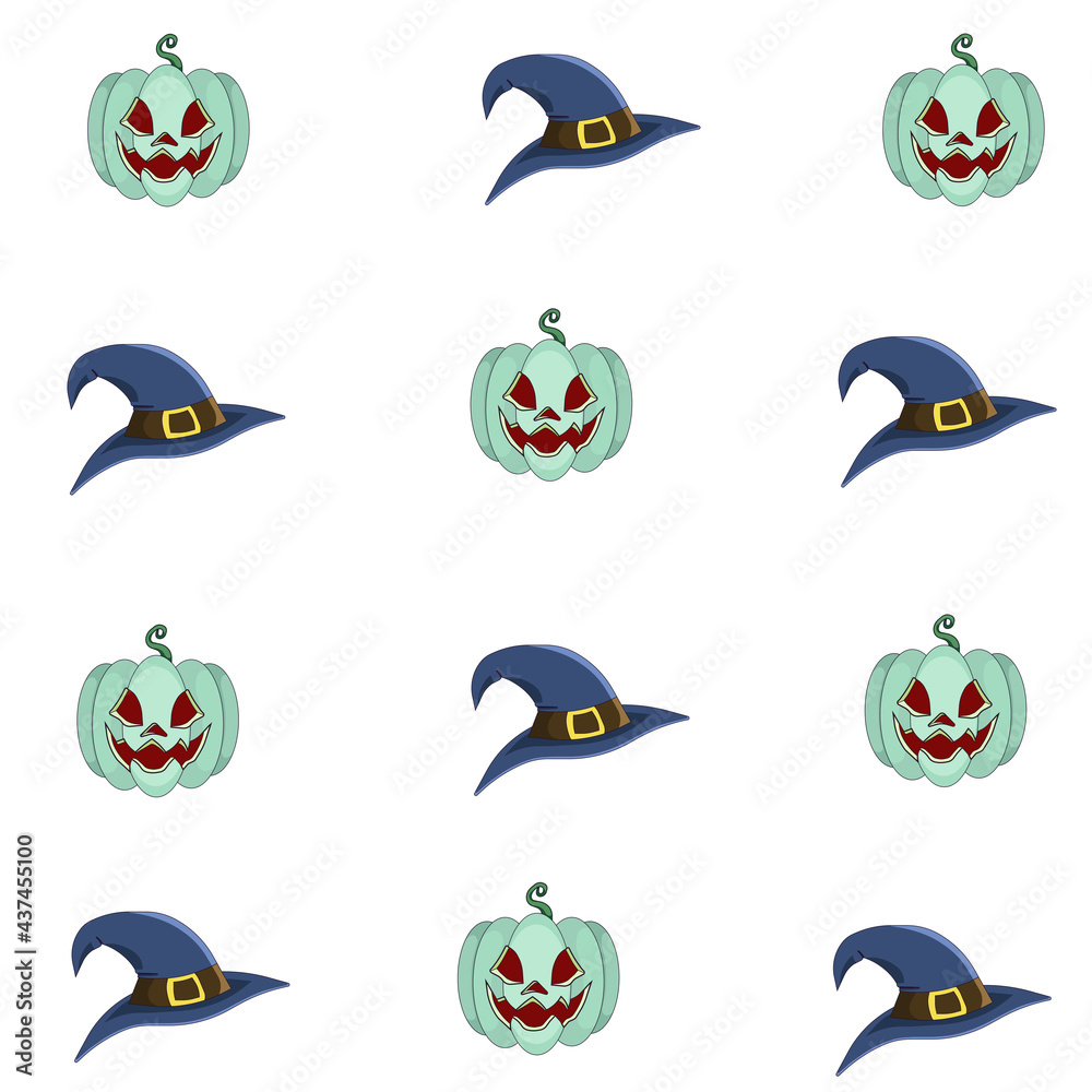 Jack O Lantern and witch hat as pattern on white isolated background, vector pattern of pumpkin Jack O Lantern with witch hat in Cartoon style, concept of Halloween, October and Fall, Trick or Treat. Jack O Lantern and witch hat as pattern on white isolated background, vector pattern of pumpkin Jack O Lantern with witch hat in Cartoon style, concept of Halloween, October and Fall, Trick or Treat.