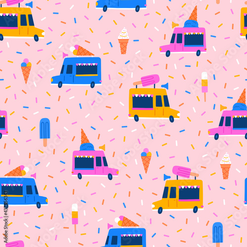 Ice cream trucks, eskimo, cones and sprinking seamless pattern