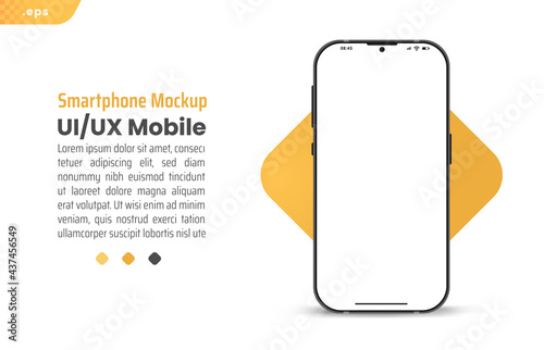 Yellow Smartphone frame less blank screen. 3D phone illustration front. Mockup device. Template for infographics or presentation UI UX design interface.