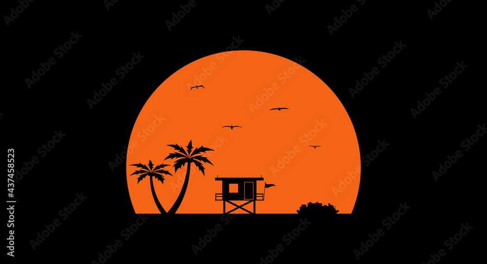 Sunset beach. Black silhouette on the sunset background. Vector illustration