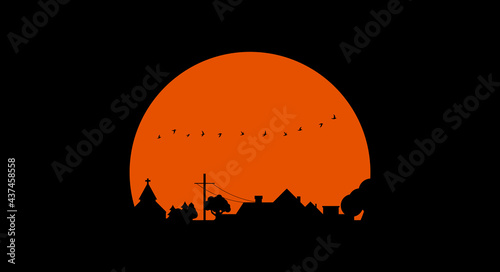 Autumn village. Black silhouette on the sunset background. Vector illustration