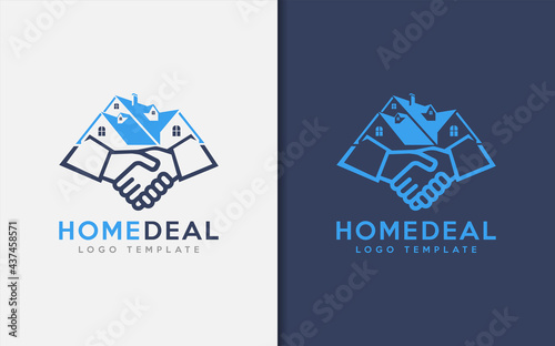 Home Deal Logo Design. Abstract House Combine with The Deal Shaking Hand Symbol Logo Design Illustration.