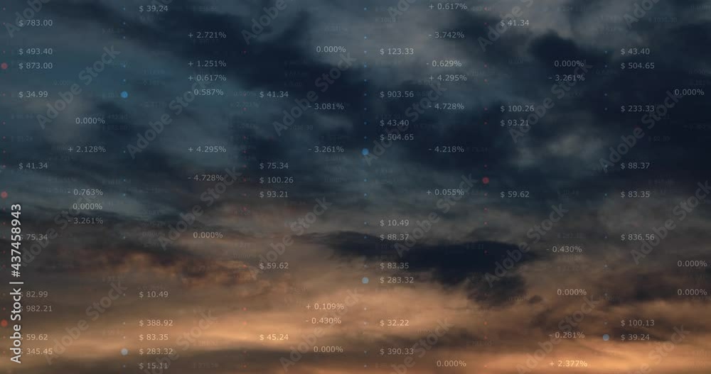 Cloudy sunset sky time lapse with business data animation background