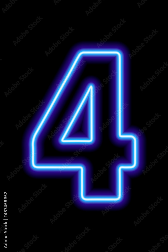 Neon blue number 4 on black background. Serial number, price, place Neon blue number 4 on black background. Serial number, price, place