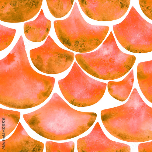 Watercolor fish scale seamless pattern on a white background. Orange abstract endless print. Hand-drawn geometric background. Overlapping illustration. Cute reptile skin wallpaper. Abstract backdrop. photo