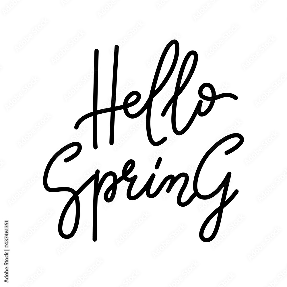 Hello Spring. Hand drawn script lettering design black on white background, may use for holiday greeting card, invitation of seasonal spring holiday, banner, poster, template.