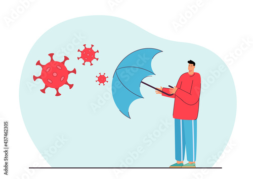Man protecting yourself with umbrella against covid bacteria. Flat vector illustration of cartoon person in casual wear reflecting microbes attack. Protection, coronavirus, health concept.