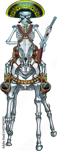 human skeleton with sombrero riding on a skeleton horse