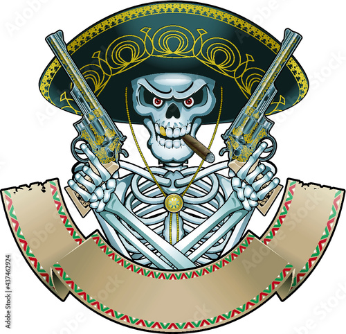 mexican skull with sombrero and guns