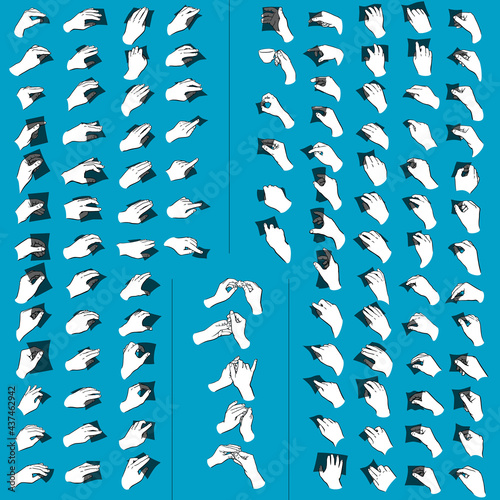 Hände aus einer Origami-Anleitung in diversen Stellungen. Auf Ebenen zum einfachen Einfügen von Objekten die gehalten werden sollen (anstelle der schwarzen Platzhalter).