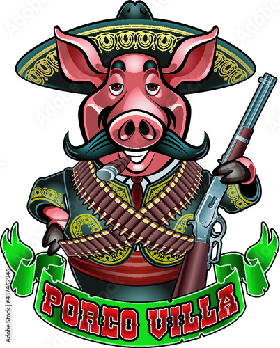 cartoon mexican pig bandit holding gun