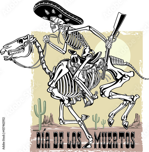 human skeleton with sombrero riding on a skeleton horse