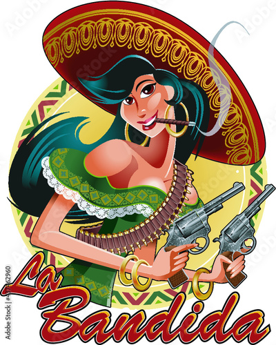 mexican girl with pistols and the text "The bandit"