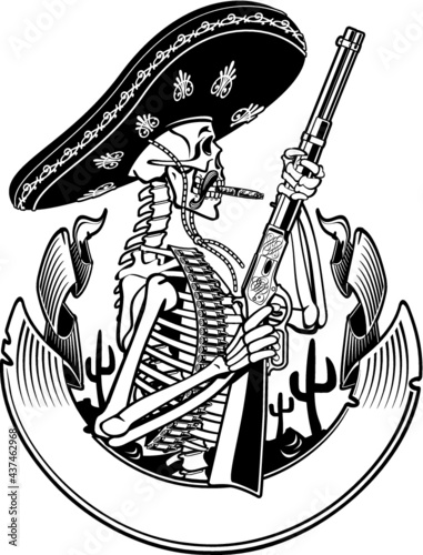 mexican skeleton with sombrero and rifle